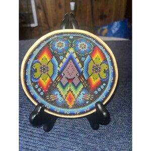Vtg Beaded Mexican Folk Art Huichol Hand Made Gourd Bead Bowl Trinket Dish 5”